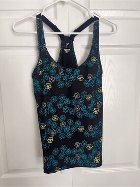 Old Navy Black Floral Racerback Tank Top with Teal and Lime Flowers